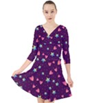 Colorful Stars Hearts Seamless Vector Pattern Quarter Sleeve Front Wrap Dress