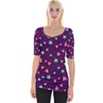 Colorful Stars Hearts Seamless Vector Pattern Wide Neckline T-Shirt