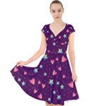 Colorful Stars Hearts Seamless Vector Pattern Cap Sleeve Front Wrap Midi Dress