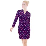 Colorful Stars Hearts Seamless Vector Pattern Button Long Sleeve Dress