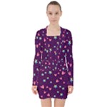 Colorful Stars Hearts Seamless Vector Pattern V-neck Bodycon Long Sleeve Dress