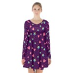 Colorful Stars Hearts Seamless Vector Pattern Long Sleeve Velvet V-neck Dress