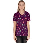Colorful Stars Hearts Seamless Vector Pattern Women s V-Neck Scrub Top