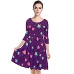Colorful Stars Hearts Seamless Vector Pattern Quarter Sleeve Waist Band Dress