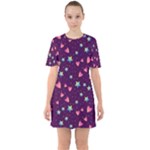 Colorful Stars Hearts Seamless Vector Pattern Sixties Short Sleeve Mini Dress