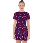 Colorful Stars Hearts Seamless Vector Pattern Drop Hem Mini Chiffon Dress