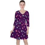 Colorful Stars Hearts Seamless Vector Pattern Quarter Sleeve Ruffle Waist Dress