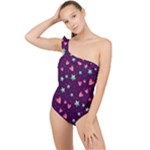 Colorful Stars Hearts Seamless Vector Pattern Frilly One Shoulder Swimsuit