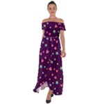 Colorful Stars Hearts Seamless Vector Pattern Off Shoulder Open Front Chiffon Dress