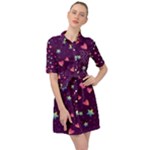 Colorful Stars Hearts Seamless Vector Pattern Belted Shirt Dress