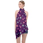 Colorful Stars Hearts Seamless Vector Pattern Halter Asymmetric Satin Top