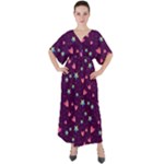 Colorful Stars Hearts Seamless Vector Pattern V-Neck Boho Style Maxi Dress
