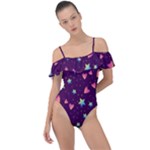 Colorful Stars Hearts Seamless Vector Pattern Frill Detail One Piece Swimsuit