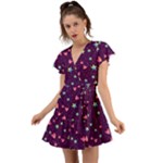 Colorful Stars Hearts Seamless Vector Pattern Flutter Sleeve Wrap Dress