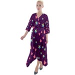Colorful Stars Hearts Seamless Vector Pattern Quarter Sleeve Wrap Front Maxi Dress