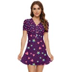 Colorful Stars Hearts Seamless Vector Pattern V-Neck High Waist Chiffon Mini Dress