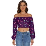 Colorful Stars Hearts Seamless Vector Pattern Long Sleeve Crinkled Weave Crop Top