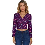 Colorful Stars Hearts Seamless Vector Pattern Long Sleeve V-Neck Top