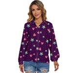 Colorful Stars Hearts Seamless Vector Pattern Women s Long Sleeve Button Up Shirt