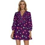 Colorful Stars Hearts Seamless Vector Pattern V-Neck Placket Mini Dress