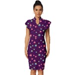 Colorful Stars Hearts Seamless Vector Pattern Vintage Frill Sleeve V-Neck Bodycon Dress