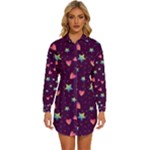Colorful Stars Hearts Seamless Vector Pattern Womens Long Sleeve Shirt Dress