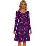 Colorful Stars Hearts Seamless Vector Pattern Long Sleeve Dress With Pocket