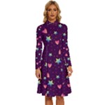 Colorful Stars Hearts Seamless Vector Pattern Long Sleeve Shirt Collar A-Line Dress