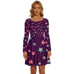 Colorful Stars Hearts Seamless Vector Pattern Long Sleeve Wide Neck Velvet Dress