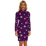 Colorful Stars Hearts Seamless Vector Pattern Long Sleeve Shirt Collar Bodycon Dress