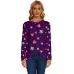 Colorful Stars Hearts Seamless Vector Pattern Long Sleeve Crew Neck Pullover Top