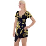 Mexican Culture Golden Tribal Icons Short Sleeve Asymmetric Mini Dress
