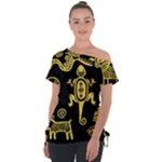 Mexican Culture Golden Tribal Icons Off Shoulder Tie-Up T-Shirt