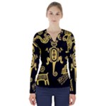 Mexican Culture Golden Tribal Icons V-Neck Long Sleeve Top