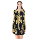 Mexican Culture Golden Tribal Icons Long Sleeve V-neck Flare Dress