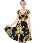 Mexican Culture Golden Tribal Icons Cap Sleeve Front Wrap Midi Dress