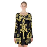 Mexican Culture Golden Tribal Icons Long Sleeve Velvet V-neck Dress