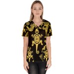 Mexican Culture Golden Tribal Icons Women s V-Neck Scrub Top