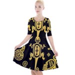 Mexican Culture Golden Tribal Icons Quarter Sleeve A-Line Dress