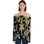 Mexican Culture Golden Tribal Icons Off Shoulder Long Sleeve Top