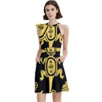 Mexican Culture Golden Tribal Icons Cocktail Party Halter Sleeveless Dress With Pockets