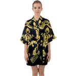 Mexican Culture Golden Tribal Icons Half Sleeve Satin Kimono 