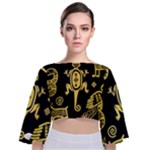 Mexican Culture Golden Tribal Icons Tie Back Butterfly Sleeve Chiffon Top