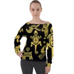 Mexican Culture Golden Tribal Icons Off Shoulder Long Sleeve Velour Top