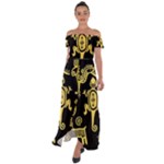 Mexican Culture Golden Tribal Icons Off Shoulder Open Front Chiffon Dress