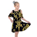 Mexican Culture Golden Tribal Icons Kids  Shoulder Cutout Chiffon Dress