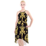 Mexican Culture Golden Tribal Icons High-Low Halter Chiffon Dress 