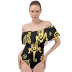 Mexican Culture Golden Tribal Icons Off Shoulder Velour Bodysuit 