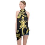 Mexican Culture Golden Tribal Icons Halter Asymmetric Satin Top