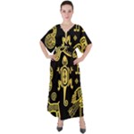 Mexican Culture Golden Tribal Icons V-Neck Boho Style Maxi Dress